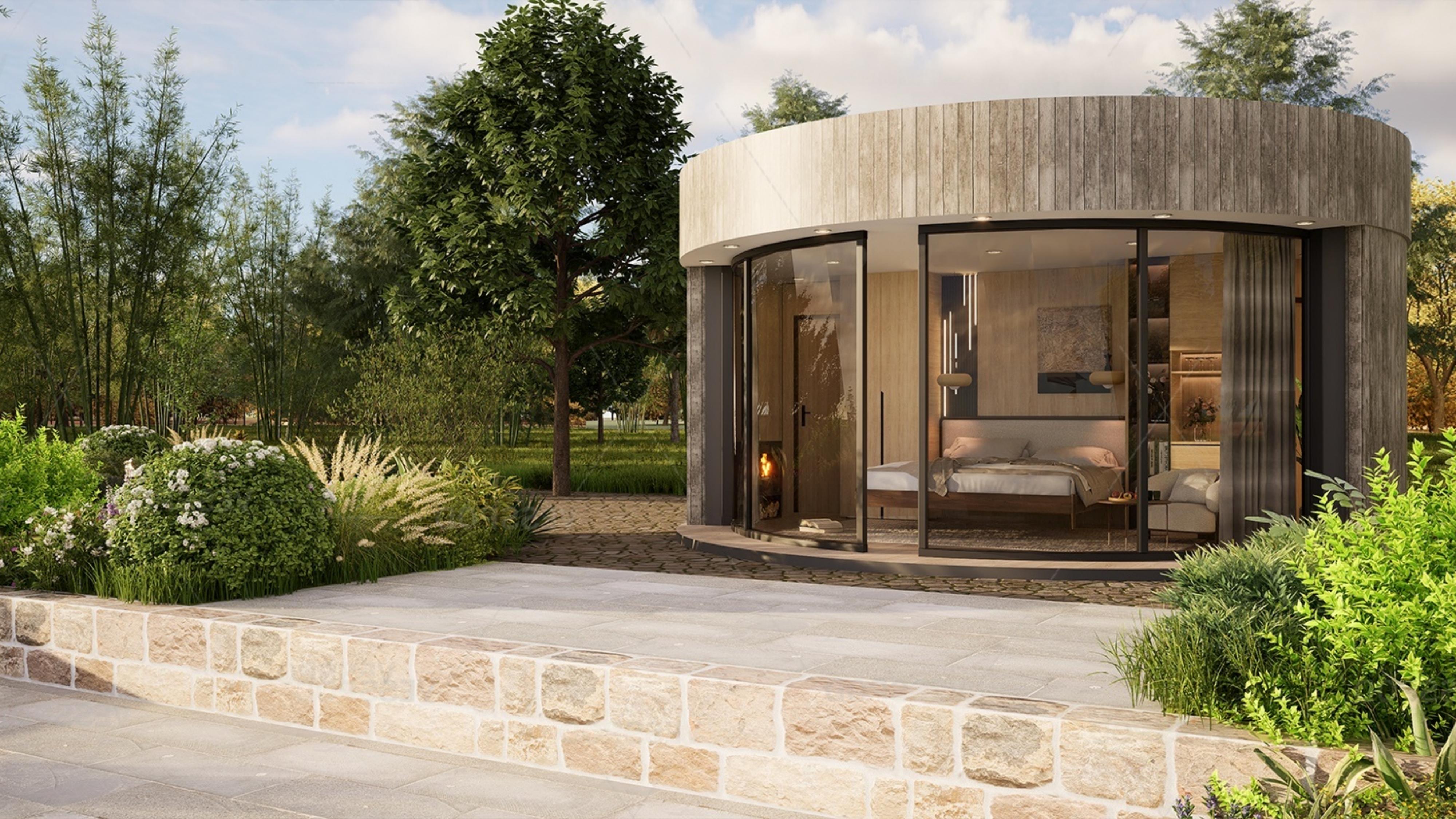 Casa redonda Roka Construxion en jardín, fachada de madera y ventanales curvos