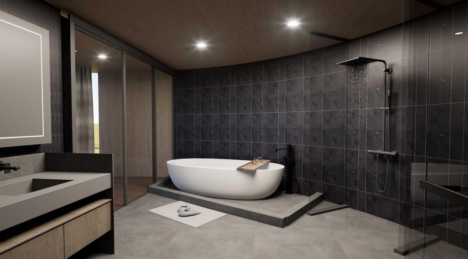 Interior baño casa redonda Roka Construxion